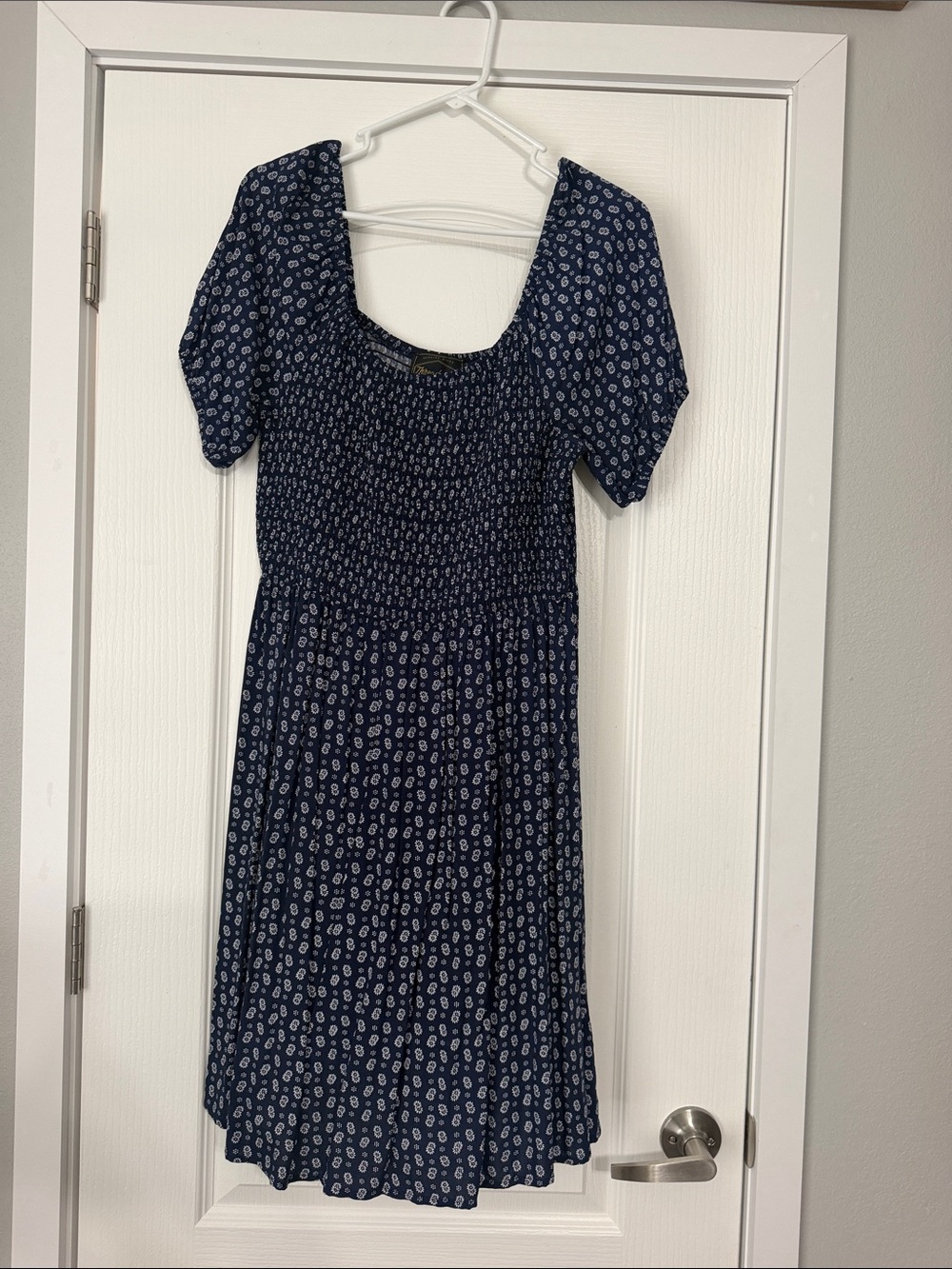 Navy Blue Smocked Waist Puff Sleeve Dress